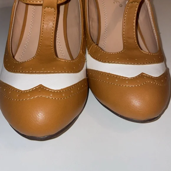 Chase + Chloe Tan and White T-Strap Heels - Picture 13 of 16